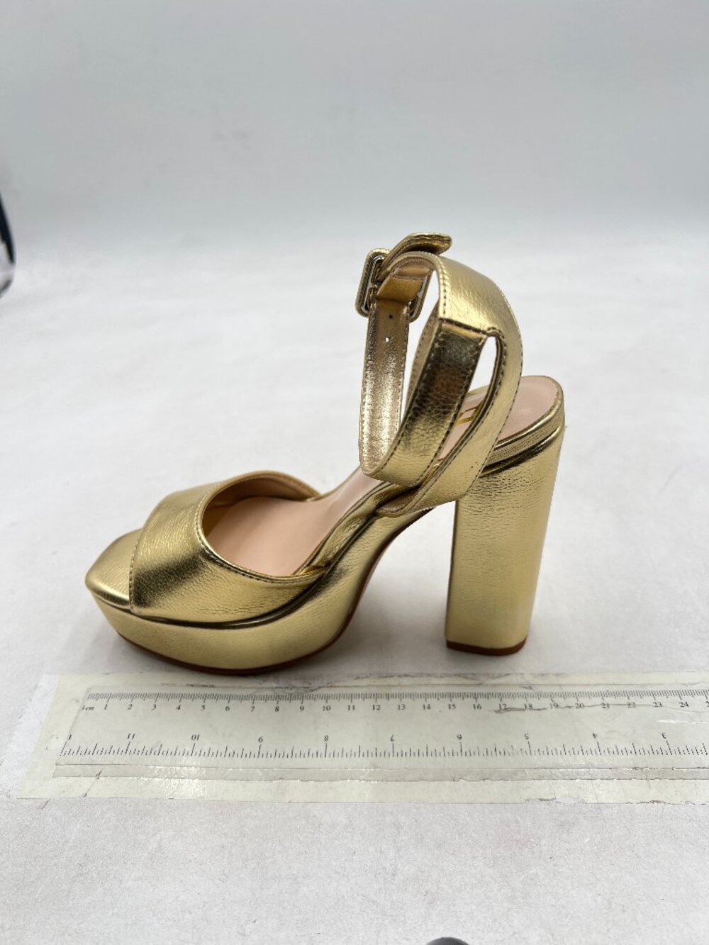 FYS Gold Platform Chunky High Heel Sandals Square Open Toe Ankle Strap Shoes